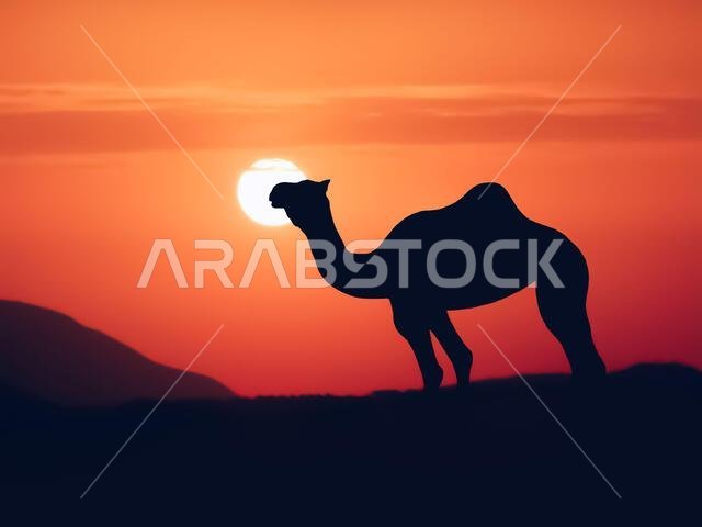 wild camel silhouette in the Sahara desert at sunset wild camel silhouette in the Sahara desert at sunset