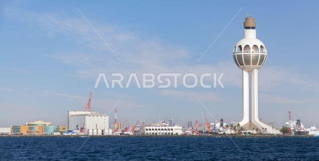 Port of Jeddah, Saudi Arabia. Skyline with white traffic control tower Port of Jeddah, Saudi Arabia. Skyline with white traffic control tower