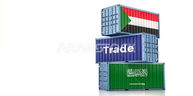 حاويات شحن تحمل أعلام المملكة العربية السعودية والسودان. تصميم ثلاثي الأبعاد حاويات شحن تحمل أعلام المملكة العربية السعودية والسودان. تصميم ثلاثي الأبعاد