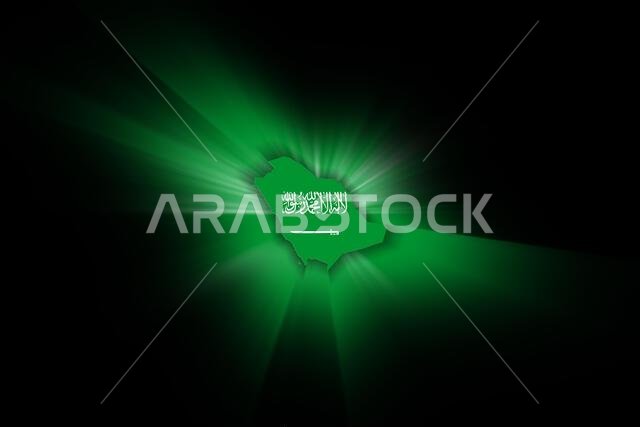 خريطة المملكة العربية السعودية، على خلفية سوداء، خريطة مع العلم