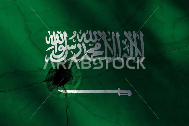 علم المملكة العربية السعودية به شق كبير أو ثقب رصاصة. صورة خلفية لمفهوم الصراع العسكري والحرب في البلاد.
