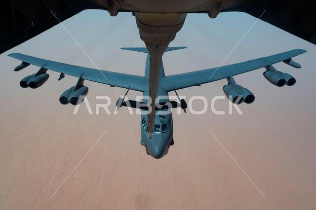 A U.S. Air Force B-52H Stratofortress connects with a U.S. Air Force KC-10 Extender for aerial refueling over the Kingdom of Saudi Arabia, March 29, 2022. The presence of the B-52H showcased U.S. Central Command's ability to deliver combat airpower at a moment’s notice, as well as its commitment to partners and regional security. (U.S. Air Force photo by Staff Sgt. Jerreht Harris)