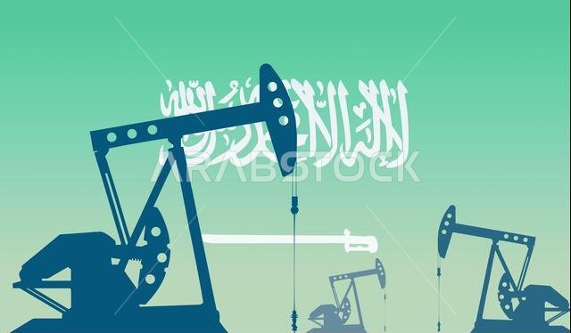 silhouette of the oil pump against flag of Saudi Arabia. Extraction grade crude oil and gas. concept of oil fields and oil companies, hydrocarbon mark