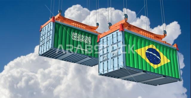 حاويات شحن تحمل علمي البرازيل والمملكة العربية السعودية. تصميم ثلاثي الأبعاد