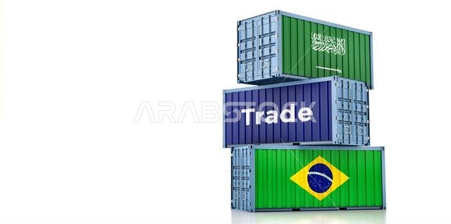 Cargo containers with Brazil and Saudi Arabia national flags. 3D Rendering