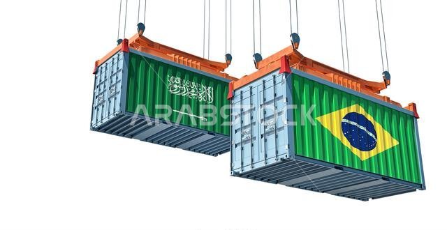 Cargo containers with Brazil and Saudi Arabia national flags. 3D Rendering