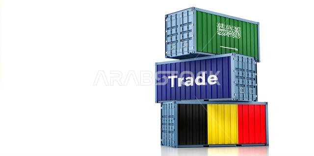 حاويات شحن تحمل أعلام بلجيكا والمملكة العربية السعودية. تصميم ثلاثي الأبعاد حاويات شحن تحمل أعلام بلجيكا والمملكة العربية السعودية. تصميم ثلاثي الأبعاد