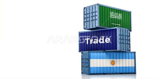 حاويات شحن تحمل علمي الأرجنتين والمملكة العربية السعودية. تصميم ثلاثي الأبعاد