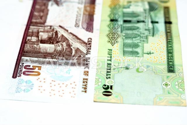 الوجه الخلفي لورقة نقدية قديمة من فئة ٥٠ ريال سعودي مع ورقة نقدية من فئة ٥٠ جنيه مصري معزولة على خلفية بيضاء، مع تركيز انتقائي على الجنيه المصري.