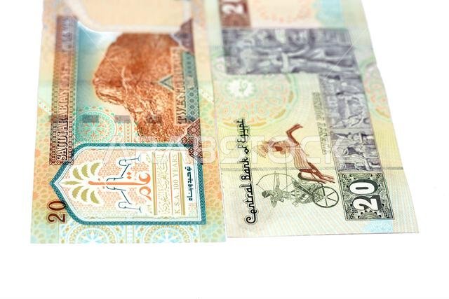 الوجه الخلفي لورقة نقدية سعودية من فئة 20 ريالاً مع ورقة نقدية مصرية من فئة 20 جنيهاً مصرياً، معزولة على خلفية بيضاء، مع تركيز انتقائي على مصر