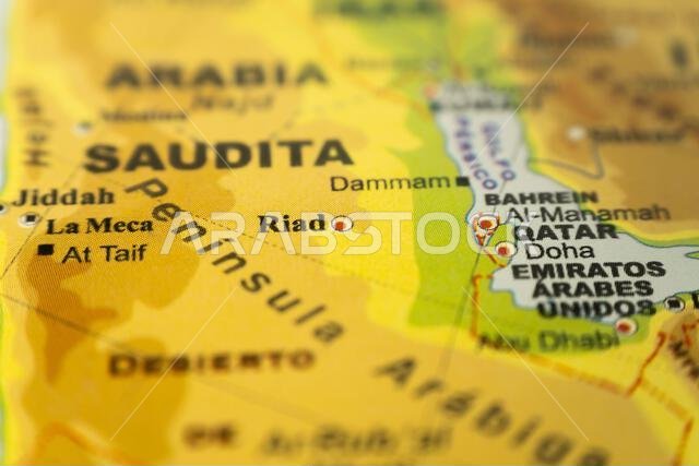 Close-up of the orographic map of eastern Saudi Arabia, Qatar and the emirates, with references in Spanish. Concept cartography, tourism, geography. D Close-up of the orographic map of eastern Saudi Arabia, Qatar and the emirates, with references in Spanish. Concept cartography, tourism, geography. D