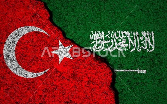 خلفية أعلام تركيا والسعودية. جدار متصدع. مفهوم الصراع العسكري والحرب خلفية أعلام تركيا والسعودية. جدار متصدع. مفهوم الصراع العسكري والحرب