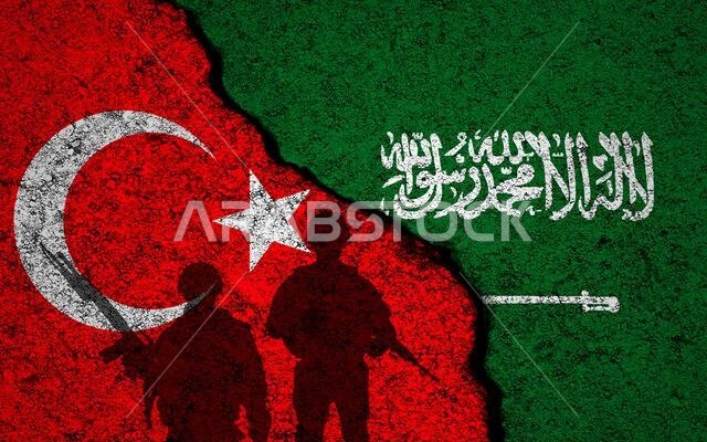 خلفية أعلام تركيا والسعودية. جدار متصدع. مفهوم الصراع العسكري والحرب خلفية أعلام تركيا والسعودية. جدار متصدع. مفهوم الصراع العسكري والحرب