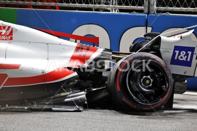 The damaged Haas VF-22 of Mick Schumacher (GER) Haas F1 Team is removed from the circuit after he crashed during qualifying. 26.03.2022. Formula 1 World Championship, Rd 2, Saudi Arabian Grand Prix, Jeddah, Saudi Arabia, Qualifying Day.  Photo credit should read: XPB/Press Association Images.
