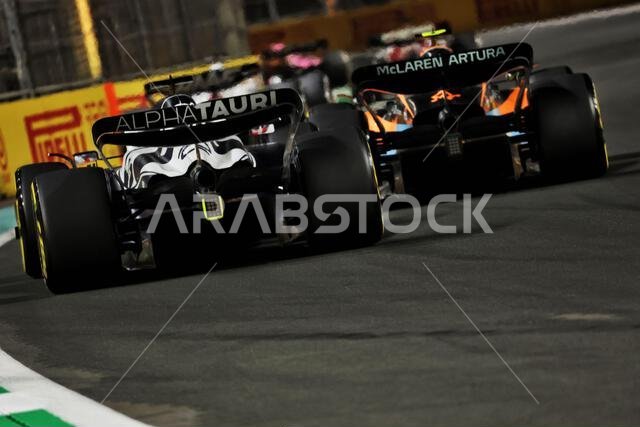 Pierre Gasly (FRA) AlphaTauri AT03 and Lando Norris (GBR) McLaren MCL36. 27.03.2022. Formula 1 World Championship, Rd 2, Saudi Arabian Grand Prix, Jeddah, Saudi Arabia, Race Day.  Photo credit should read: XPB/Press Association Images.
