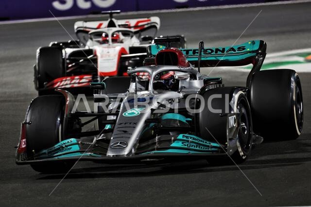جورج راسل (بريطانيا) مرسيدس AMG F1 W13. 27 مارس 2022. بطولة العالم للفورمولا 1، الجولة الثانية، جائزة السعودية الكبرى، جدة، المملكة العربية السعودية، يوم السباق. حقوق الصورة محفوظة لـ: XPB/Press Association Images.