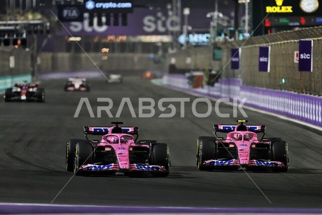 Fernando Alonso (ESP) Alpine F1 Team A522 and Esteban Ocon (FRA) Alpine F1 Team A522 battle for position. 27.03.2022. Formula 1 World Championship, Rd 2, Saudi Arabian Grand Prix, Jeddah, Saudi Arabia, Race Day.  Photo credit should read: XPB/Press Association Images.