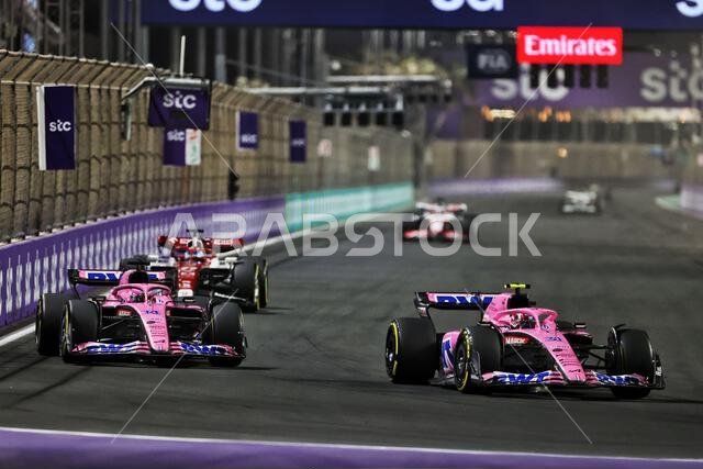 Esteban Ocon (FRA) Alpine F1 Team A522 and team mate Fernando Alonso (ESP) Alpine F1 Team A522 battle for position. 27.03.2022. Formula 1 World Championship, Rd 2, Saudi Arabian Grand Prix, Jeddah, Saudi Arabia, Race Day.  Photo credit should read: XPB/Press Association Images.