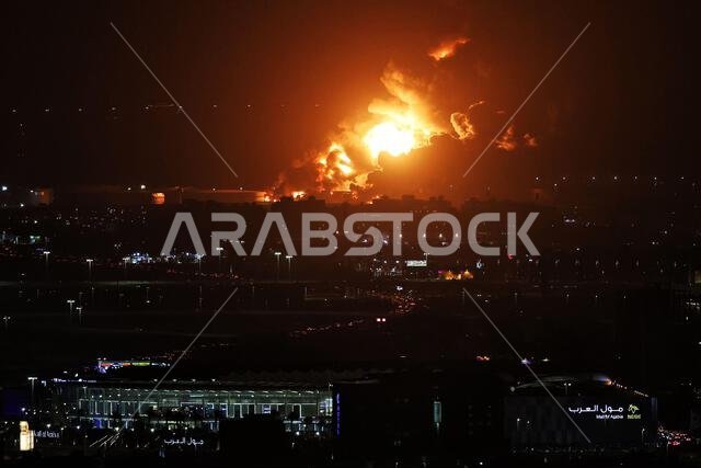 Jeddah, Saudi Arabia. 25th Mar, 2022. Circuit atmosphere - fire following a missile strike on an Aramco oil facility. Saudi Arabian Grand Prix, Friday 25th March 2022. Jeddah, Saudi Arabia. Credit: James Moy/Alamy Live News