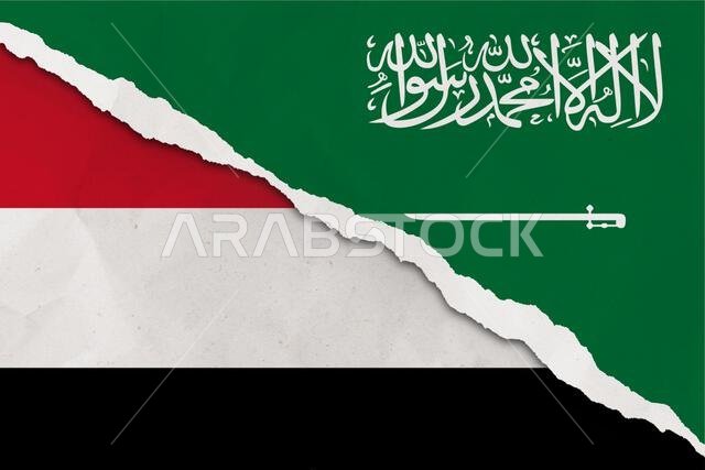 Yemen and Saudi Arabia flag ripped paper grunge background. Abstract Yemen and Saudi Arabia economics, politics conflicts, war concept texture backgro Yemen and Saudi Arabia flag ripped paper grunge background. Abstract Yemen and Saudi Arabia economics, politics conflicts, war concept texture backgro