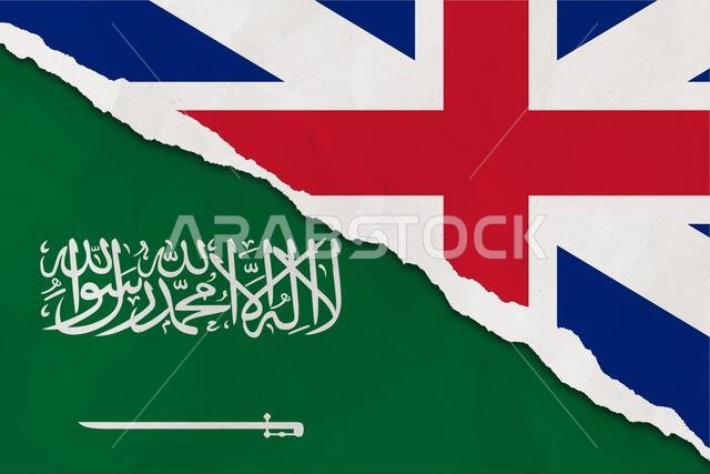 United Kingdom and Saudi Arabia flag ripped paper grunge background. Abstract United Kingdom and Saudi Arabia economics, politics conflicts