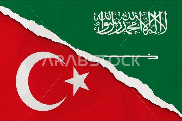 Saudi Arabia and Turkey flag ripped paper grunge background. Abstract Saudi Arabia and Turkey economics, politics conflicts, war concept texture backg
