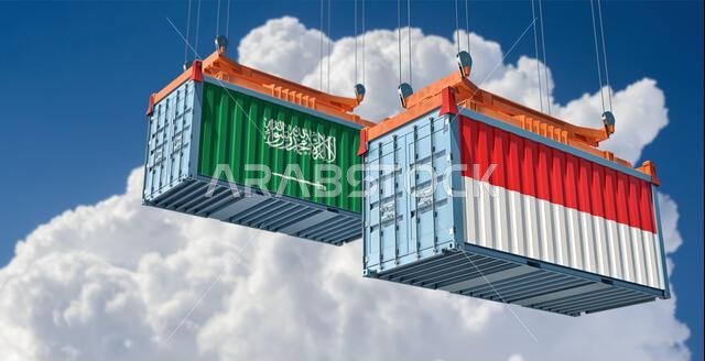 حاويات شحن تحمل أعلام المملكة العربية السعودية وإندونيسيا. تصميم ثلاثي الأبعاد حاويات شحن تحمل أعلام المملكة العربية السعودية وإندونيسيا. تصميم ثلاثي الأبعاد