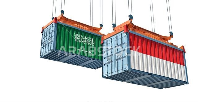 حاويات شحن تحمل أعلام المملكة العربية السعودية وإندونيسيا. تصميم ثلاثي الأبعاد حاويات شحن تحمل أعلام المملكة العربية السعودية وإندونيسيا. تصميم ثلاثي الأبعاد