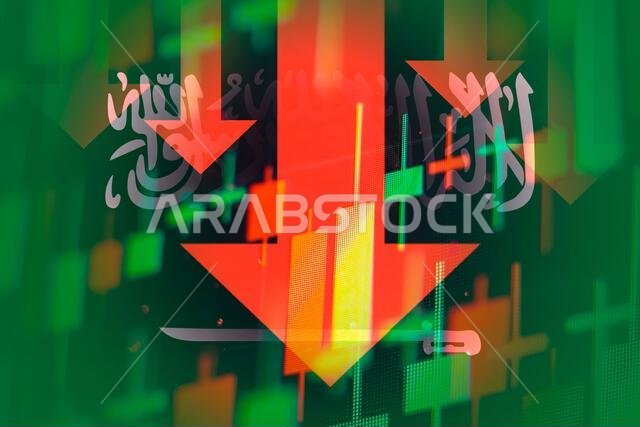Dropping arrows showing decreasing trend in economy in global crisis or downtrend of stocks on the stock exchange in Saudi Arabia, March 2022, San Francisco, USA Dropping arrows showing decreasing trend in economy in global crisis or downtrend of stocks on the stock exchange in Saudi Arabia, March 2022, San Francisco, USA