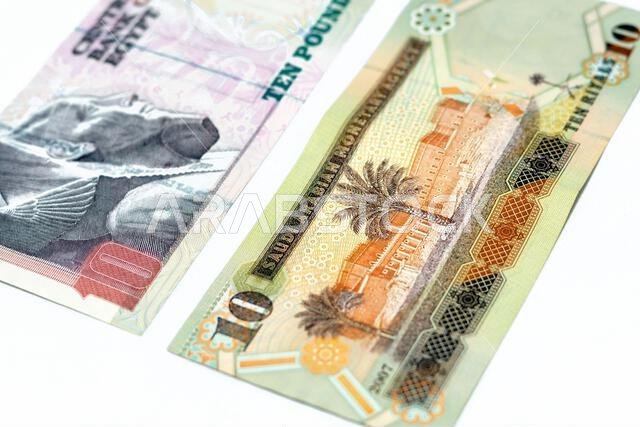 الوجه الخلفي لورقة نقدية قديمة من فئة 10 ريالات سعودية مع ورقة نقدية من فئة 10 جنيهات مصرية معزولة على خلفية بيضاء، تركيز انتقائي على