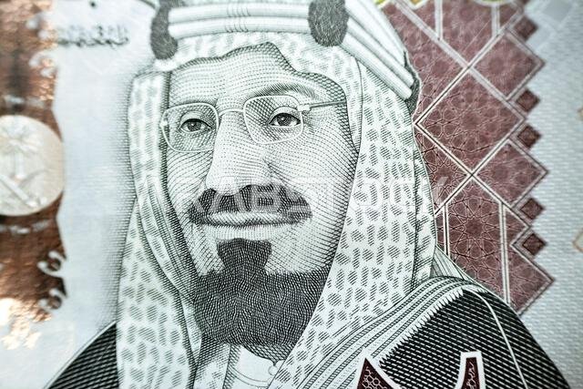 King Abdul Aziz Al Saud founder of the kingdom of Saudi Arabia from the obverse side of 200 two hundred Saudi riyals banknote, Saudi Arabia money bill