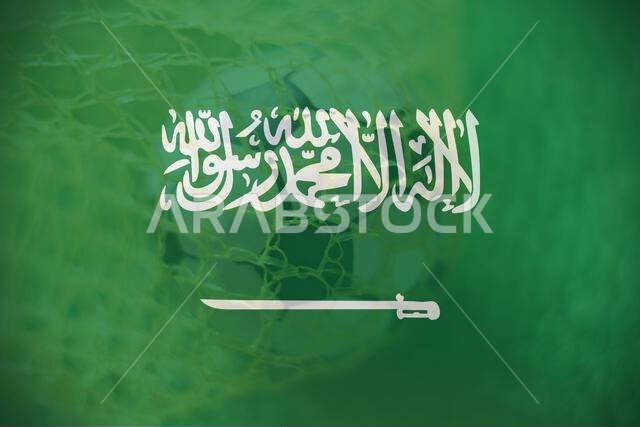 Saudi Arabia flag with Soccer ball in goal as background, sport and success business concept. Saudi Arabia flag with Soccer ball in goal as background, sport and success business concept.