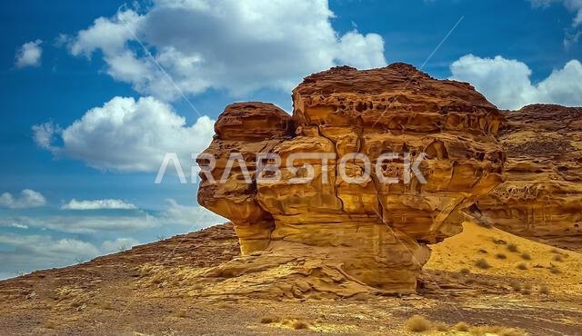 Human face mountain geological formation near Al Ula, Saudi Arabia. selective focus.