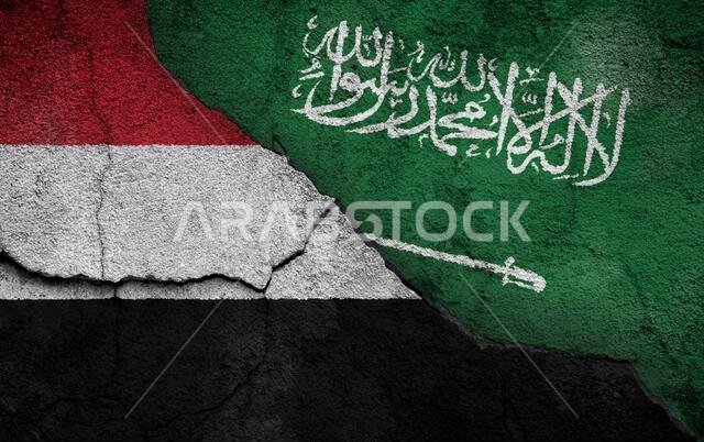 صورة فوتوغرافية كاملة الإطار لأعلام اليمن والسعودية البالية المرسومة على جدار متصدع. مفهوم الصراع والحرب بين الحوثيين والسعودية. صورة فوتوغرافية كاملة الإطار لأعلام اليمن والسعودية البالية المرسومة على جدار متصدع. مفهوم الصراع والحرب بين الحوثيين والسعودية.