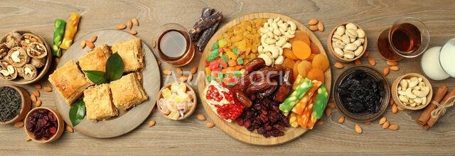 Concept of Ramadan Kareem food, top view Concept of Ramadan Kareem food, top view