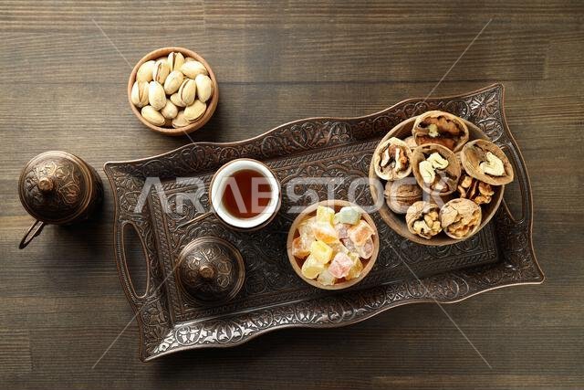 Concept of Ramadan Kareem food, top view