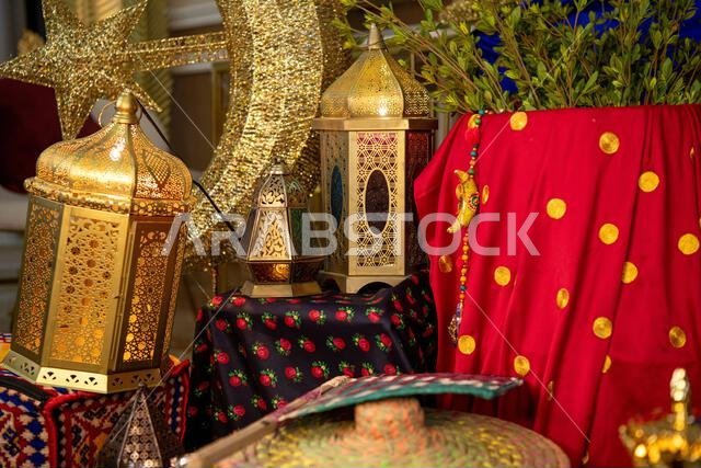 Islamic arts of blue Ramadan lantern as an Arabian Muslim celebration of Ramadan and garangao on oriental red carpet with Islamic geometry background