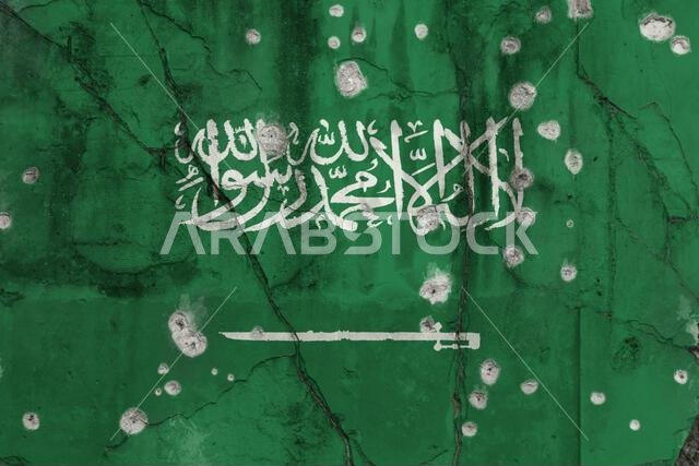 صورة كاملة الإطار لعلم السعودية البالي المرسوم على جدار متصدع به ثقوب رصاص. مفهوم الإرهاب في السعودية. صورة كاملة الإطار لعلم السعودية البالي المرسوم على جدار متصدع به ثقوب رصاص. مفهوم الإرهاب في السعودية.