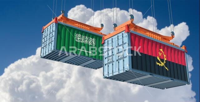 حاويات شحن تحمل علمي المملكة العربية السعودية وأنغولا. تصميم ثلاثي الأبعاد حاويات شحن تحمل علمي المملكة العربية السعودية وأنغولا. تصميم ثلاثي الأبعاد