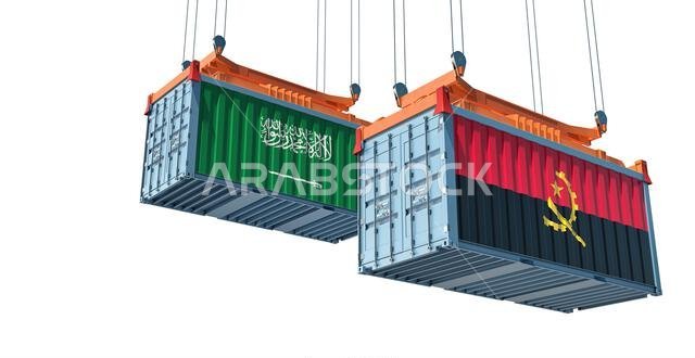 Cargo containers with Saudi Arabia and Angola national flags. 3D Rendering