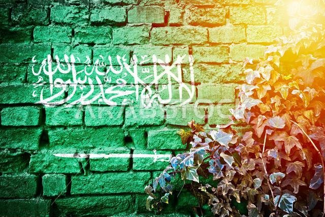 علم المملكة العربية السعودية ذو الطابع القديم على جدار من الطوب مع نبات اللبلاب، منظر ضباب الشمس، مفهوم رمز الدولة