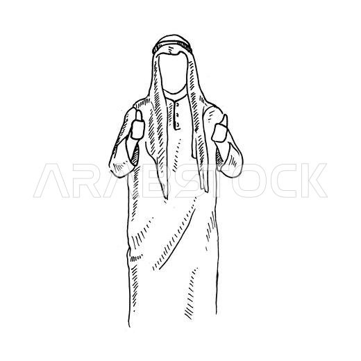 A Muslim man, wearing a robe and turban, stands with his thumbs up. Retro vintage sketch vector illustration. Engraving style. black isolated on white