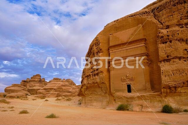 Saudi Arabia, Al Madinah Region, AlUla or Al Ula, Nabatean Tomb In Hegra (Madain Saleh) Archaeologic Site,  Jabal AlBanat tomb