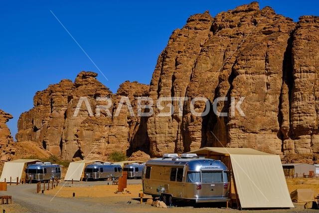 Saudi Arabia, Al Madinah Region, AlUla or Al Ula, Canyon Park resort, hotel with Airstream caravans