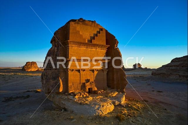 Saudi Arabia, Al Madinah Region, AlUla or Al Ula, Nabatean Tomb In Hegra (Madain Saleh) Archaeologic Site, Lihyan tomb or Qasr Al Farid Saudi Arabia, Al Madinah Region, AlUla or Al Ula, Nabatean Tomb In Hegra (Madain Saleh) Archaeologic Site, Lihyan tomb or Qasr Al Farid