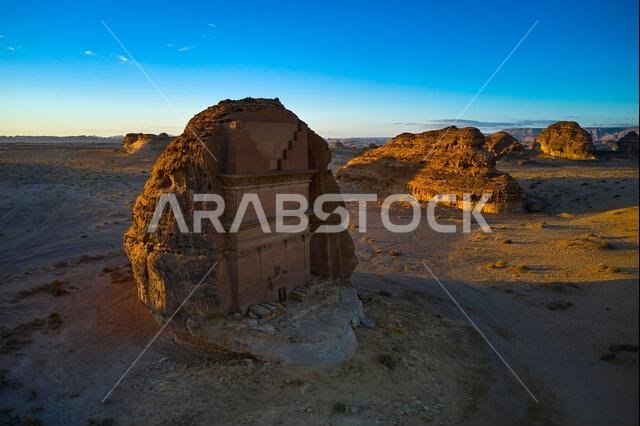 Saudi Arabia, Al Madinah Region, AlUla or Al Ula, Nabatean Tomb In Hegra (Madain Saleh) Archaeologic Site, Lihyan tomb or Qasr Al Farid Saudi Arabia, Al Madinah Region, AlUla or Al Ula, Nabatean Tomb In Hegra (Madain Saleh) Archaeologic Site, Lihyan tomb or Qasr Al Farid