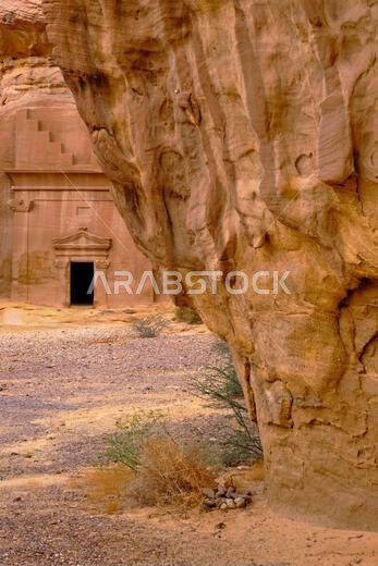 Saudi Arabia, Al Madinah Region, AlUla or Al Ula, Nabatean Tomb In Hegra (Madain Saleh) Archaeologic Site,  Jabal AlKhuraymat tomb