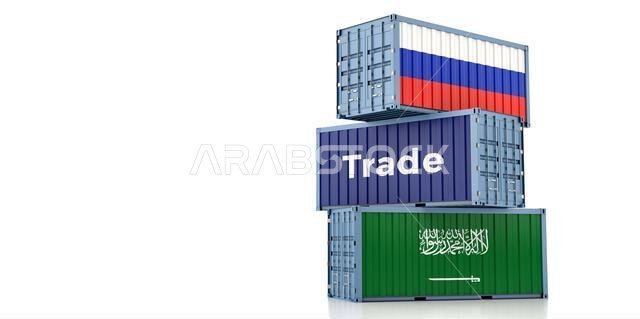 حاويات شحن تحمل أعلام روسيا والمملكة العربية السعودية. تصميم ثلاثي الأبعاد