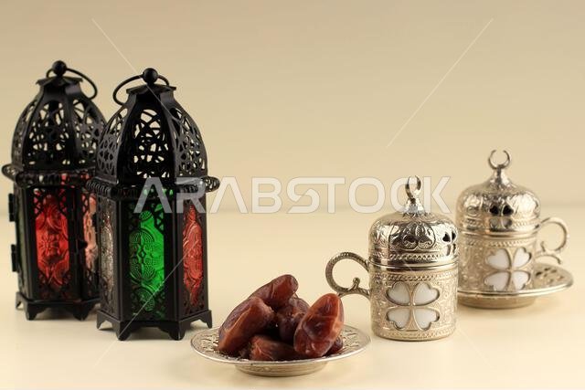 Concept of Ied Al Fitr Card. Dates Fruit with Arabic Style Tea and Lantern, Copy Space for Text.