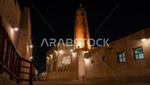 Wakrah, Qatar- December 12,2021 : Old mosque in Wakrah Souq. shot during night Wakrah, Qatar- December 12,2021 : Old mosque in Wakrah Souq. shot during night